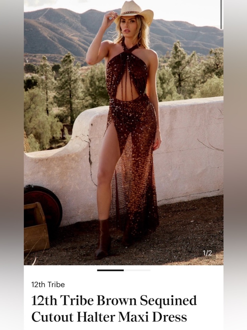 NWT 12th Tribe Brown Sequin Halter Maxi Dress M